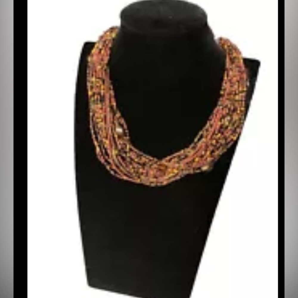 EsMor Orange Brown Multi Strand Glass Seeded Beaded 15” Necklace W/ 3” Extender